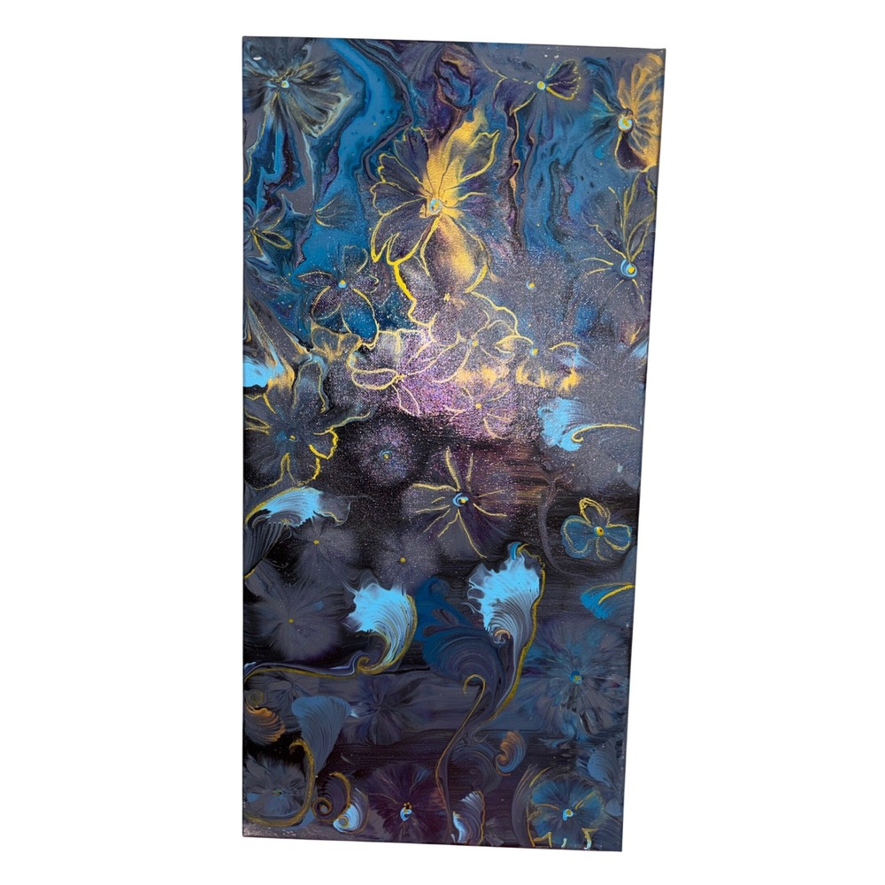 Abstract Floral Fluid Painting 10x20 Blue Gold Excellent Acrylic Pour Mixd media